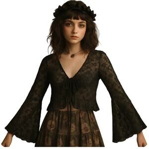 Black Sheer Lace Bolero Jacket Tie Front Wide Sleeve Whimsygoth Fairygrunge SZ S